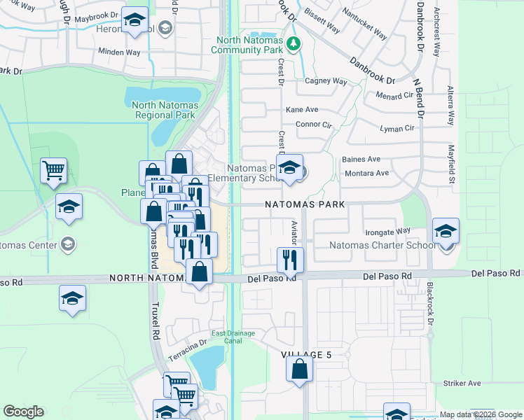 map of restaurants, bars, coffee shops, grocery stores, and more near 2050 North Bend Drive in Sacramento