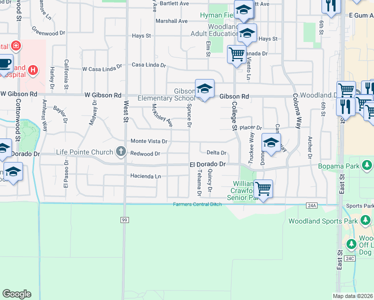 map of restaurants, bars, coffee shops, grocery stores, and more near 1600 Spruce Drive in Woodland