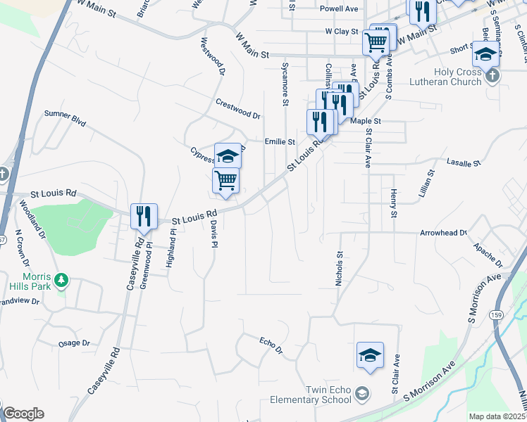 map of restaurants, bars, coffee shops, grocery stores, and more near 718 Saint Louis Road in Collinsville