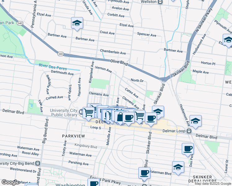 map of restaurants, bars, coffee shops, grocery stores, and more near 817 Westgate Avenue in University City