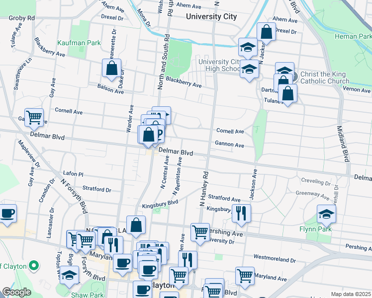 map of restaurants, bars, coffee shops, grocery stores, and more near 7541 Delmar Boulevard in University City