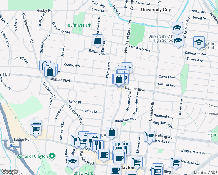 map of restaurants, bars, coffee shops, grocery stores, and more near 7737 Delmar Boulevard in University City