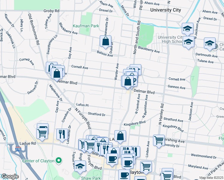 map of restaurants, bars, coffee shops, grocery stores, and more near 7810 Delmar Boulevard in University City