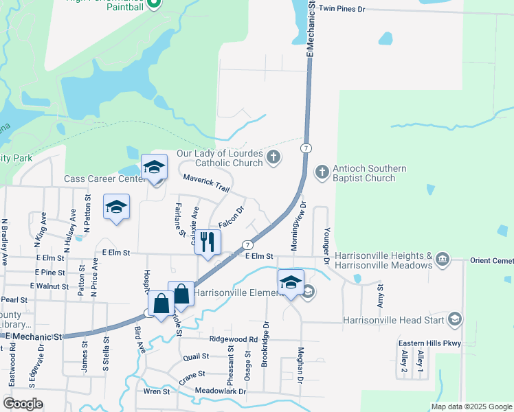 map of restaurants, bars, coffee shops, grocery stores, and more near 903 Falcon Drive in Harrisonville
