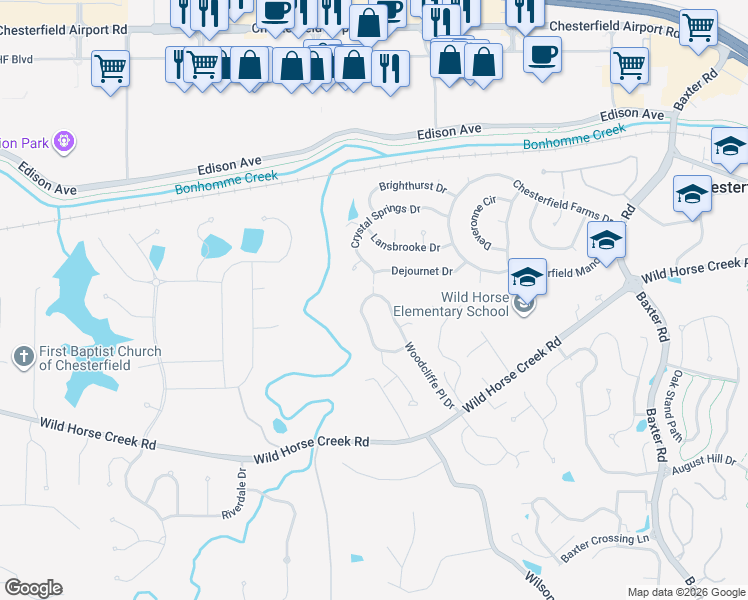 map of restaurants, bars, coffee shops, grocery stores, and more near 229 Woodcliffe Place Drive in Chesterfield