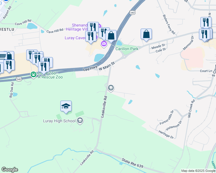 map of restaurants, bars, coffee shops, grocery stores, and more near 251 Leaksville Road in Luray