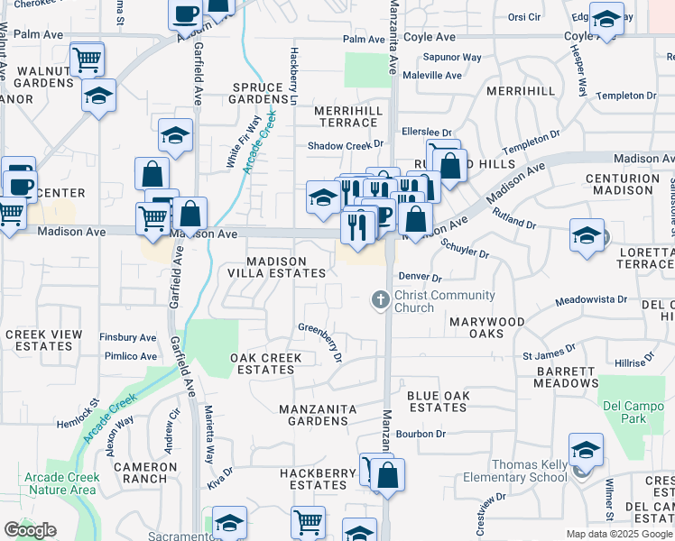 map of restaurants, bars, coffee shops, grocery stores, and more near 5737 Callie Lane in Sacramento