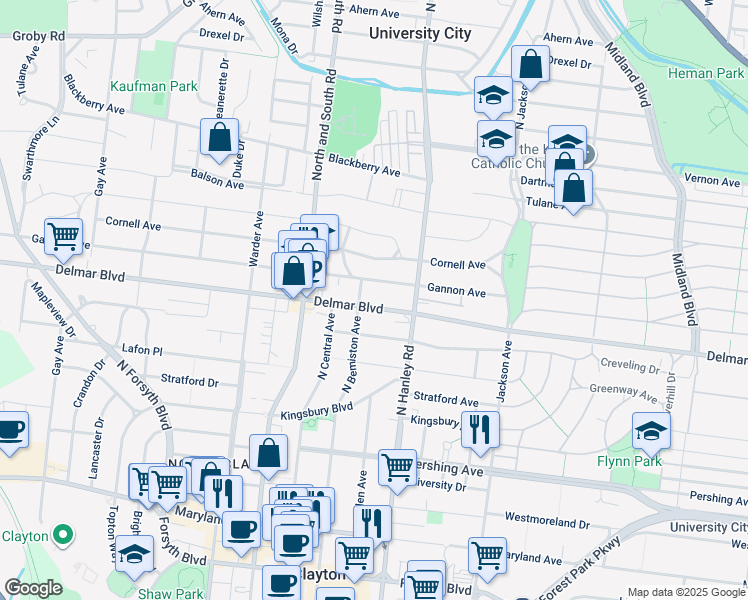 map of restaurants, bars, coffee shops, grocery stores, and more near 7541 Delmar Boulevard in University City