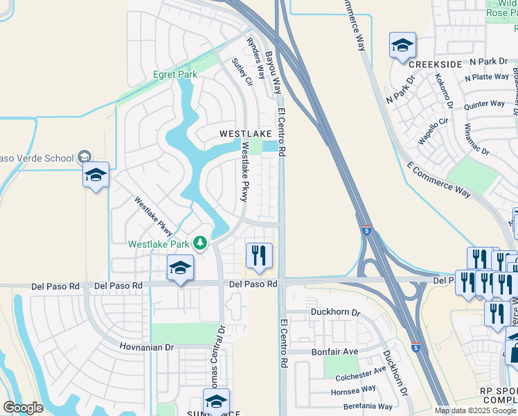map of restaurants, bars, coffee shops, grocery stores, and more near 4930 Trouville Lane in Sacramento