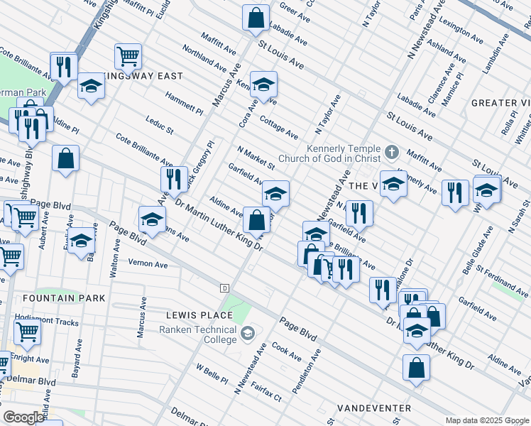 map of restaurants, bars, coffee shops, grocery stores, and more near 1723 North Taylor Avenue in St. Louis