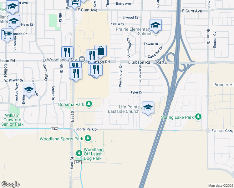 map of restaurants, bars, coffee shops, grocery stores, and more near 1336 Tyler Court in Woodland