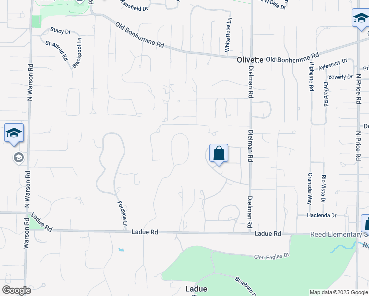 map of restaurants, bars, coffee shops, grocery stores, and more near 21 Oakleigh Lane in St. Louis