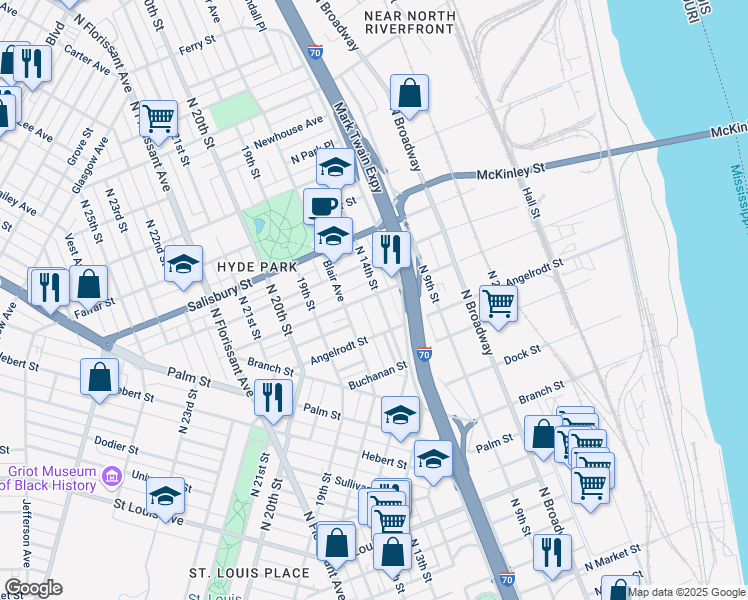 map of restaurants, bars, coffee shops, grocery stores, and more near 3441 North 14th Street in St. Louis