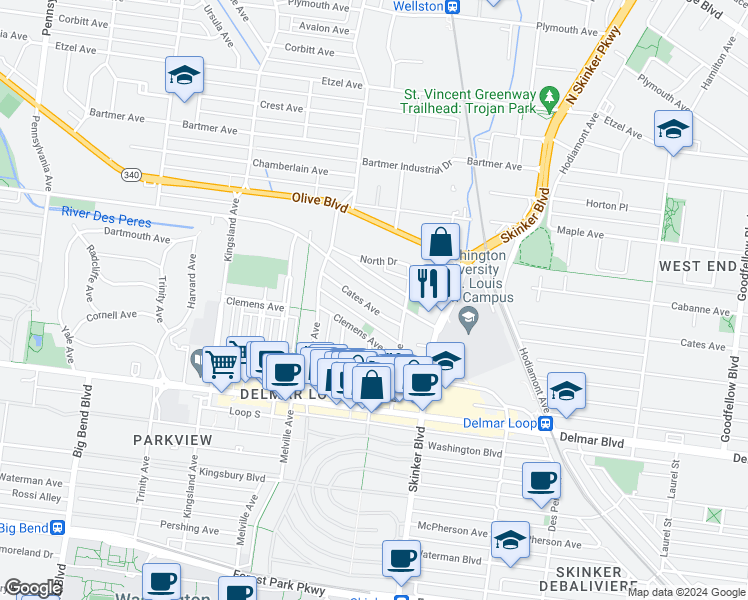 map of restaurants, bars, coffee shops, grocery stores, and more near 6301 Cates Avenue in University City