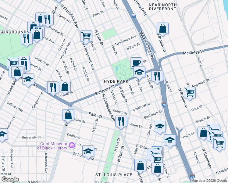 map of restaurants, bars, coffee shops, grocery stores, and more near 2101 Salisbury Street in St. Louis