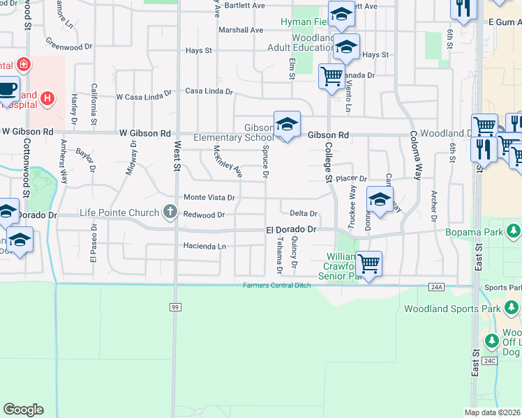 map of restaurants, bars, coffee shops, grocery stores, and more near 1600 Spruce Drive in Woodland
