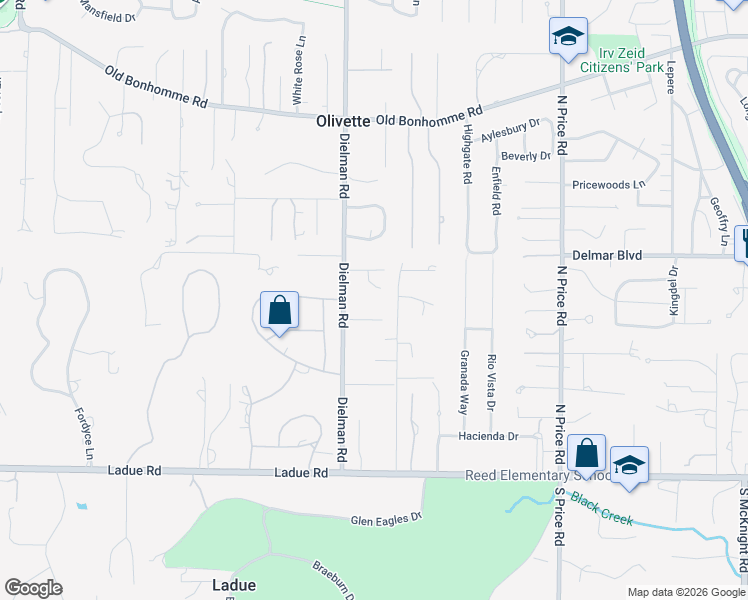 map of restaurants, bars, coffee shops, grocery stores, and more near 8 Sumac Lane in St. Louis