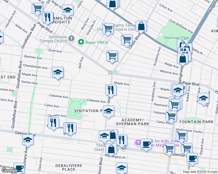 map of restaurants, bars, coffee shops, grocery stores, and more near 5300 Maple Avenue in St. Louis