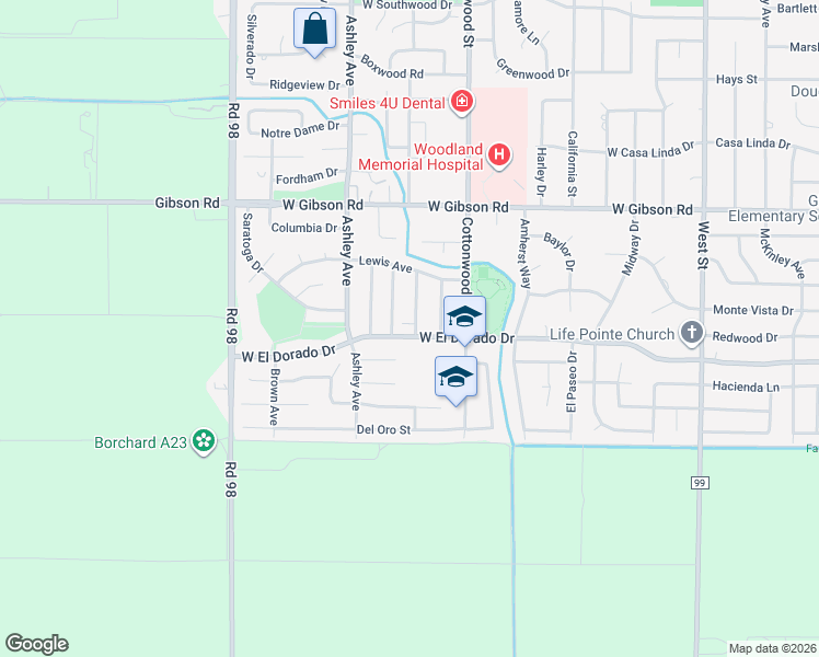 map of restaurants, bars, coffee shops, grocery stores, and more near 1638 Grove Avenue in Woodland