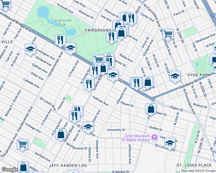 map of restaurants, bars, coffee shops, grocery stores, and more near 3212 Palm Place in St. Louis