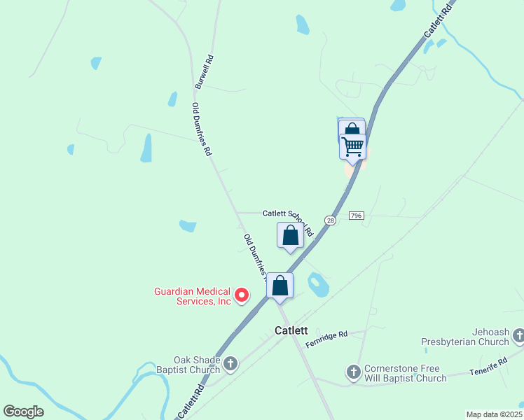 map of restaurants, bars, coffee shops, grocery stores, and more near Catlett School Road in Catlett
