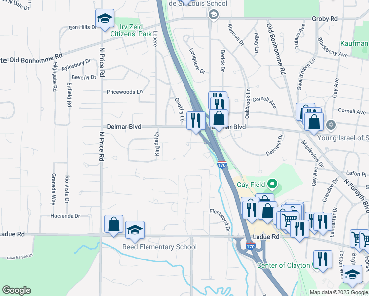 map of restaurants, bars, coffee shops, grocery stores, and more near 3 McKnight Place in St. Louis