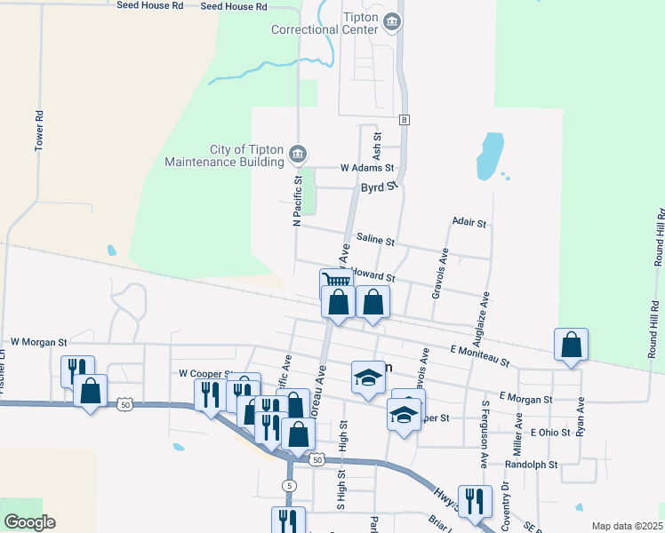 map of restaurants, bars, coffee shops, grocery stores, and more near 209 West Howard Street in Tipton