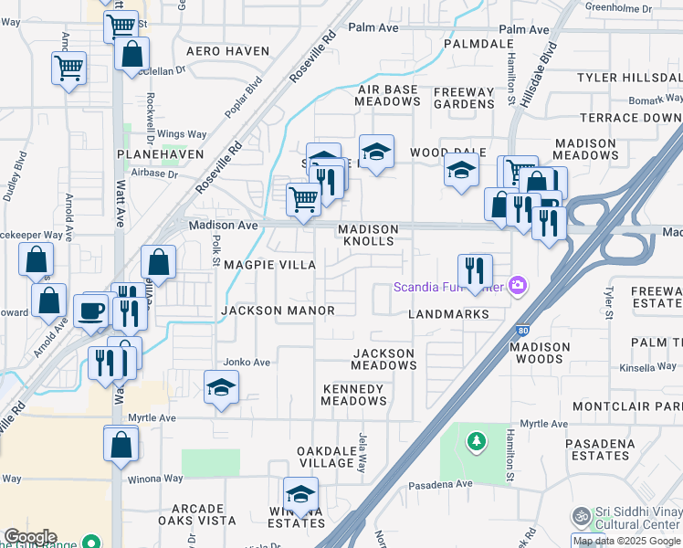 map of restaurants, bars, coffee shops, grocery stores, and more near 5040 Jackson Street in North Highlands