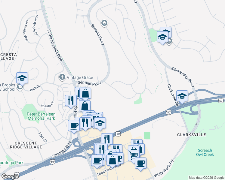 map of restaurants, bars, coffee shops, grocery stores, and more near 6036 Penela Way in El Dorado Hills