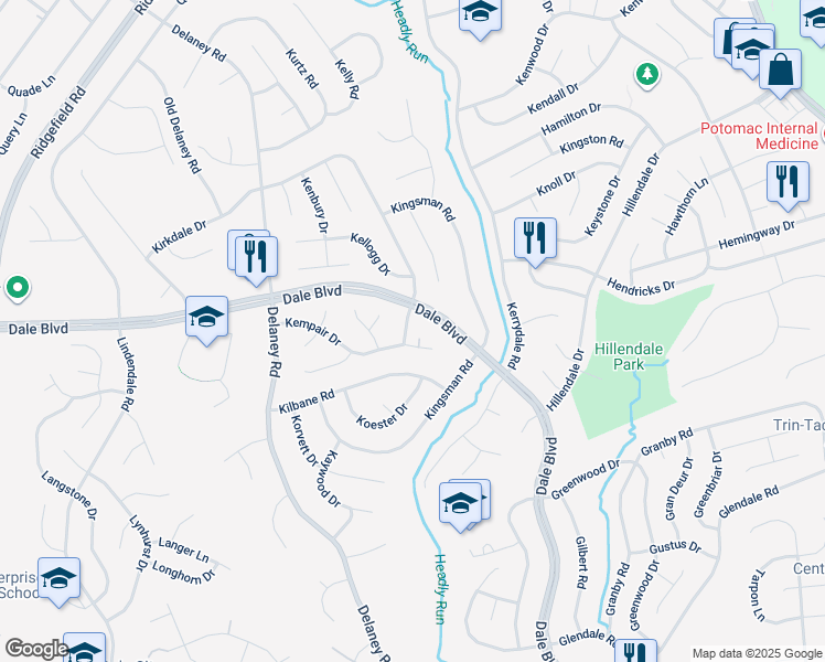 map of restaurants, bars, coffee shops, grocery stores, and more near 4652 Kirkdale Drive in Woodbridge
