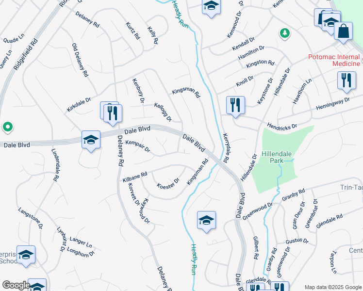map of restaurants, bars, coffee shops, grocery stores, and more near 4652 Kirkdale Drive in Woodbridge