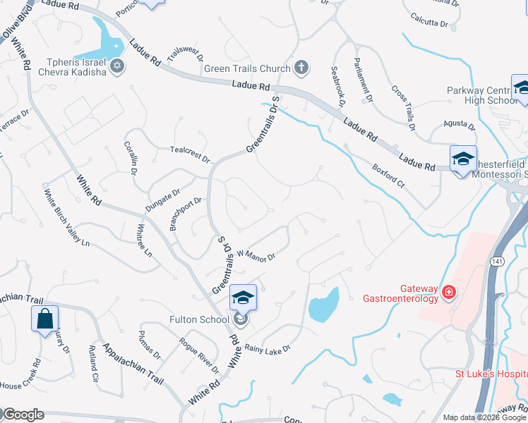 map of restaurants, bars, coffee shops, grocery stores, and more near 241 Kinderhook Drive in Chesterfield