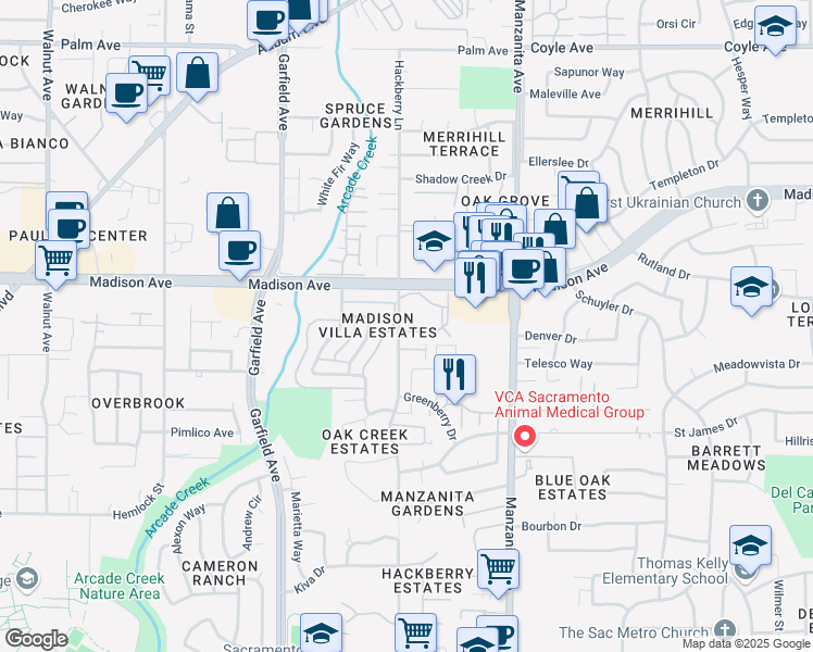 map of restaurants, bars, coffee shops, grocery stores, and more near 5701 Callie Lane in Sacramento
