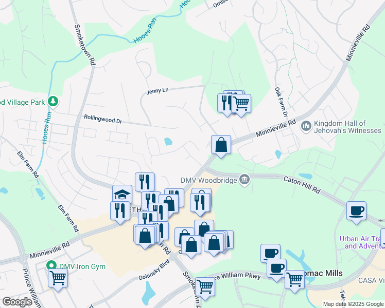 map of restaurants, bars, coffee shops, grocery stores, and more near 13577 Madison Farm Drive in Woodbridge