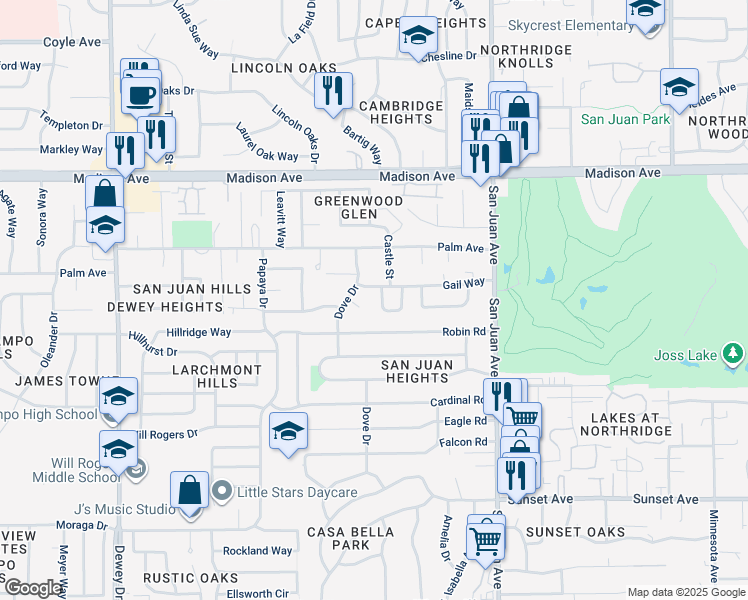 map of restaurants, bars, coffee shops, grocery stores, and more near 7154 Palace Circle in Fair Oaks