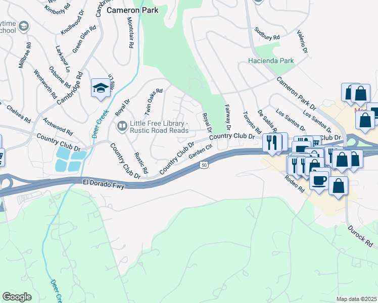 map of restaurants, bars, coffee shops, grocery stores, and more near 3085 Garden Circle in Cameron Park