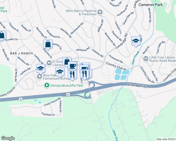 map of restaurants, bars, coffee shops, grocery stores, and more near 2752 Knollwood Court in Cameron Park