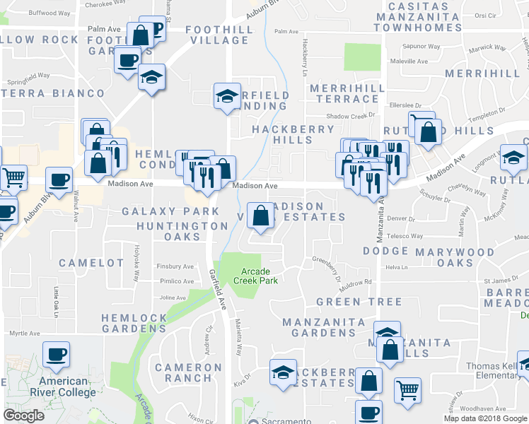 map of restaurants, bars, coffee shops, grocery stores, and more near 5173 Connecticut Drive in Sacramento