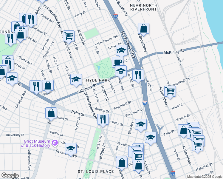 map of restaurants, bars, coffee shops, grocery stores, and more near 3523 19th Street in St. Louis