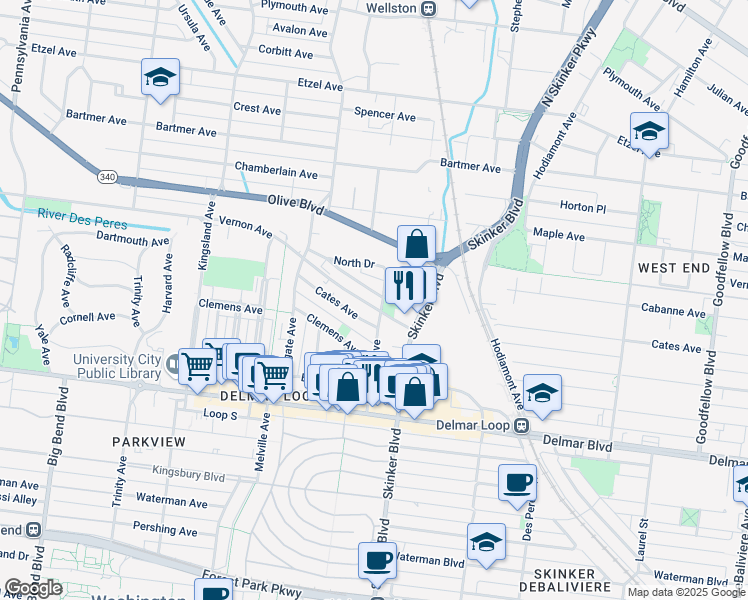 map of restaurants, bars, coffee shops, grocery stores, and more near 840 Eastgate Avenue in University City