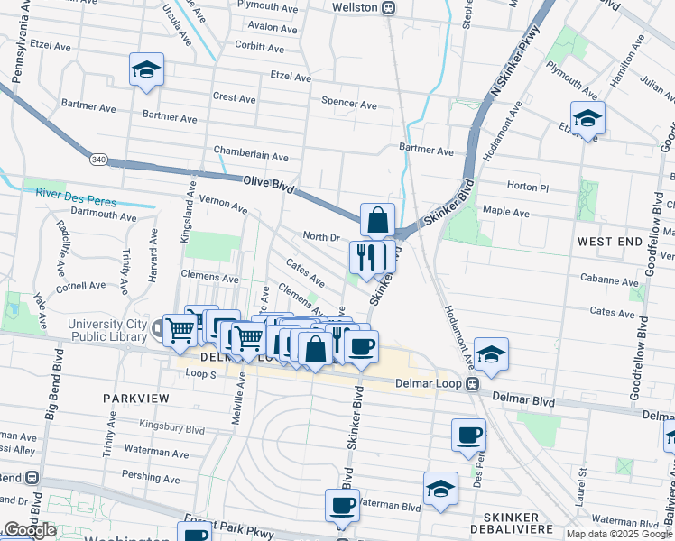 map of restaurants, bars, coffee shops, grocery stores, and more near 6301 Cates Avenue in University City