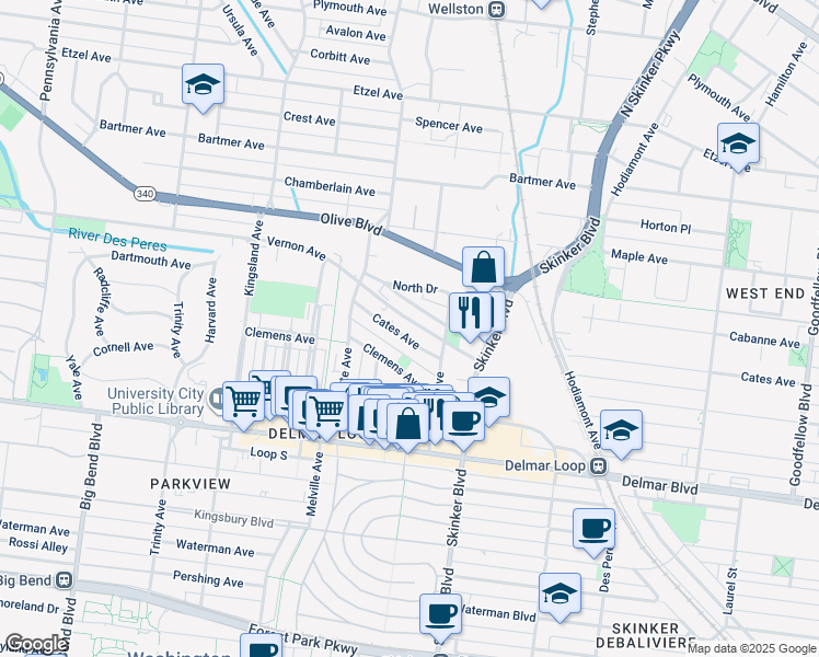 map of restaurants, bars, coffee shops, grocery stores, and more near 6301 Cates Avenue in University City