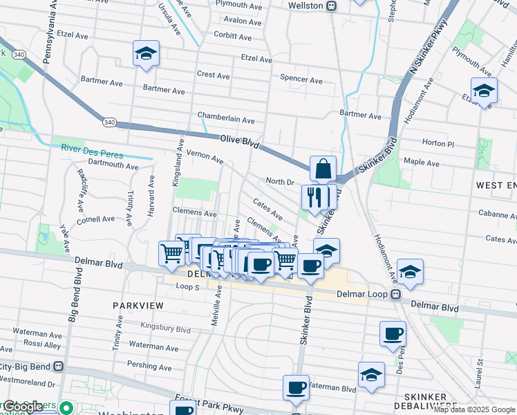 map of restaurants, bars, coffee shops, grocery stores, and more near 6404 Cates Avenue in University City