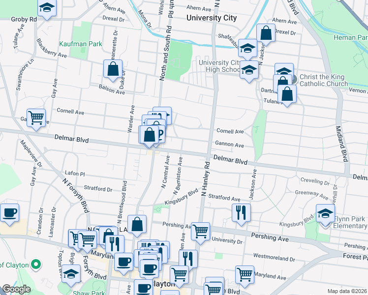 map of restaurants, bars, coffee shops, grocery stores, and more near 7541 Delmar Boulevard in University City