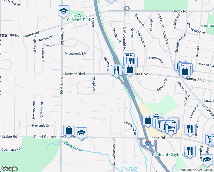 map of restaurants, bars, coffee shops, grocery stores, and more near 3 McKnight Place in St. Louis