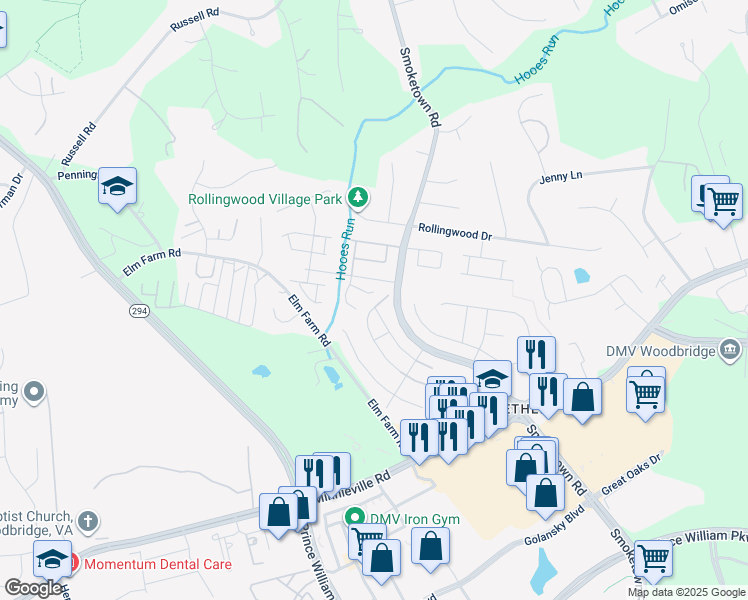 map of restaurants, bars, coffee shops, grocery stores, and more near 3553 Belfry Lane in Woodbridge