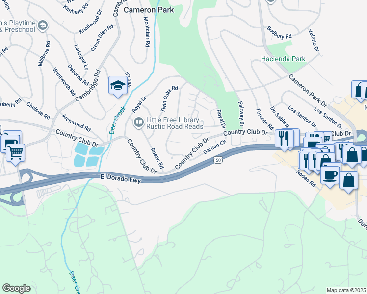 map of restaurants, bars, coffee shops, grocery stores, and more near 3072 Cedarhurst Court in Cameron Park