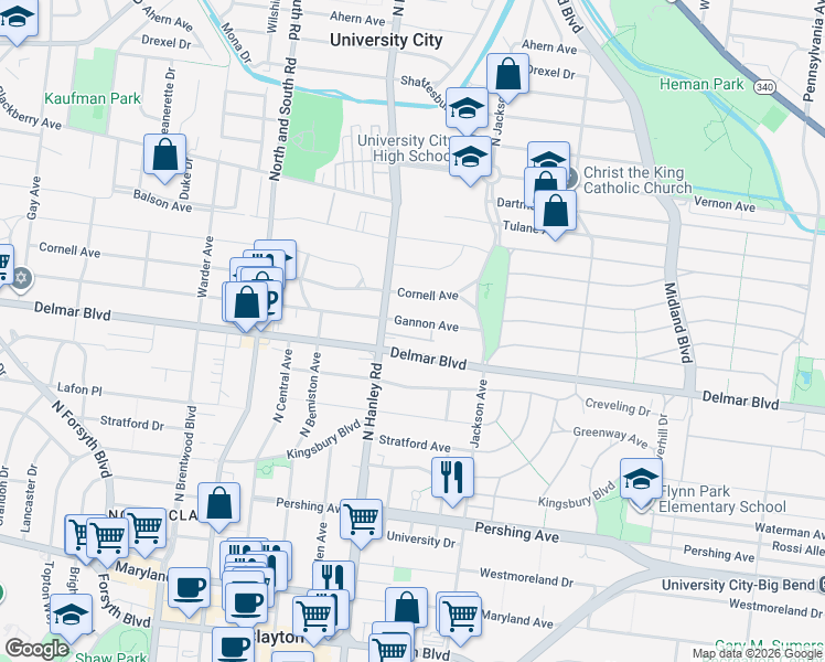 map of restaurants, bars, coffee shops, grocery stores, and more near 7464 Gannon Avenue in University City