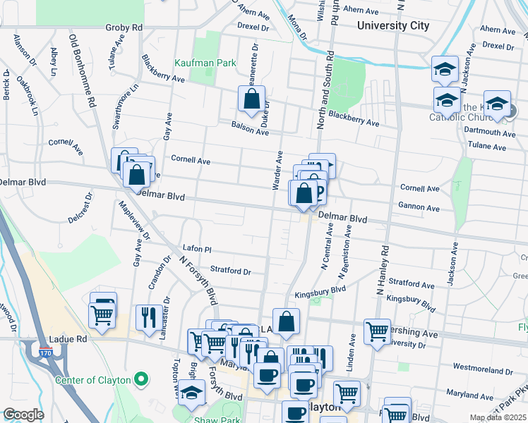 map of restaurants, bars, coffee shops, grocery stores, and more near 7810 Delmar Boulevard in University City