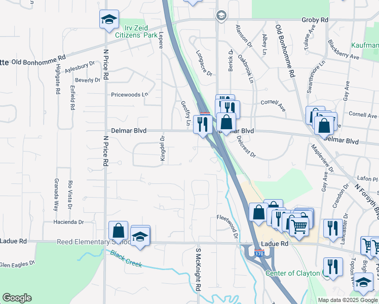 map of restaurants, bars, coffee shops, grocery stores, and more near 3 McKnight Place in St. Louis